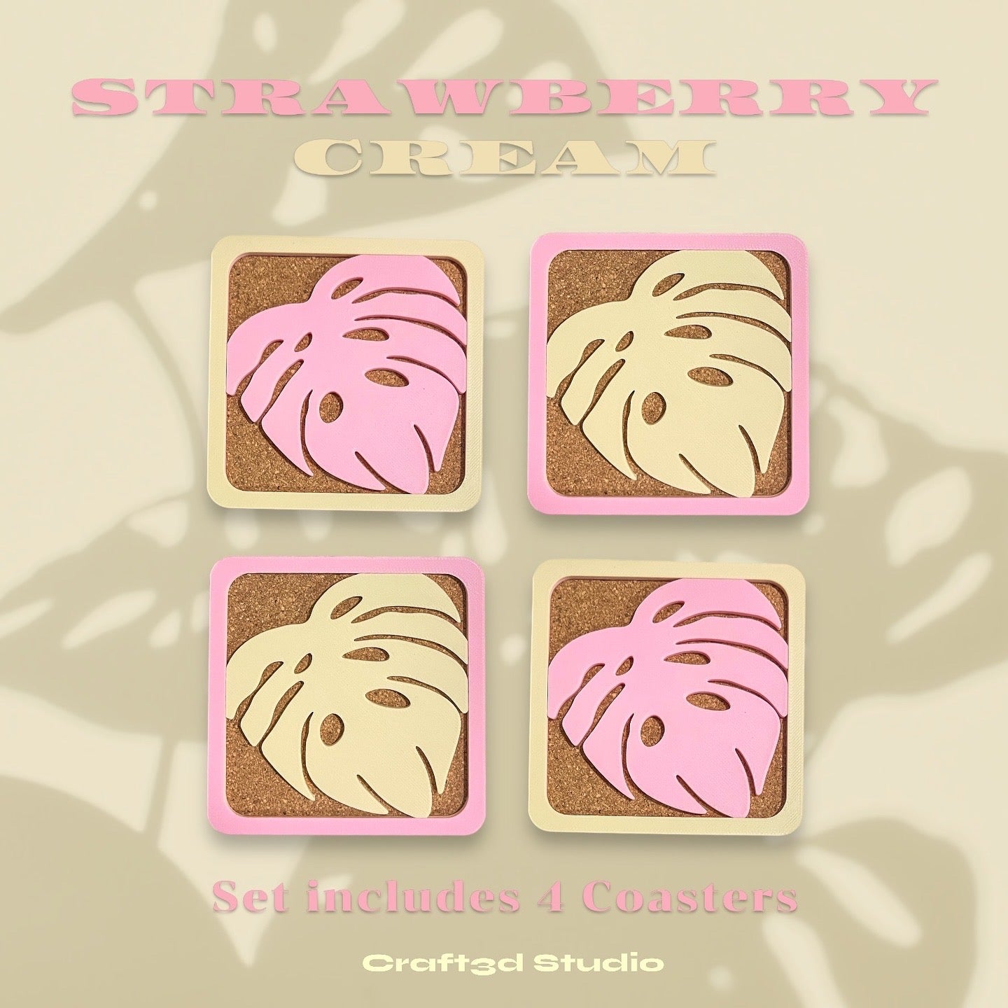 Monstera Coasters - Pink & Beige