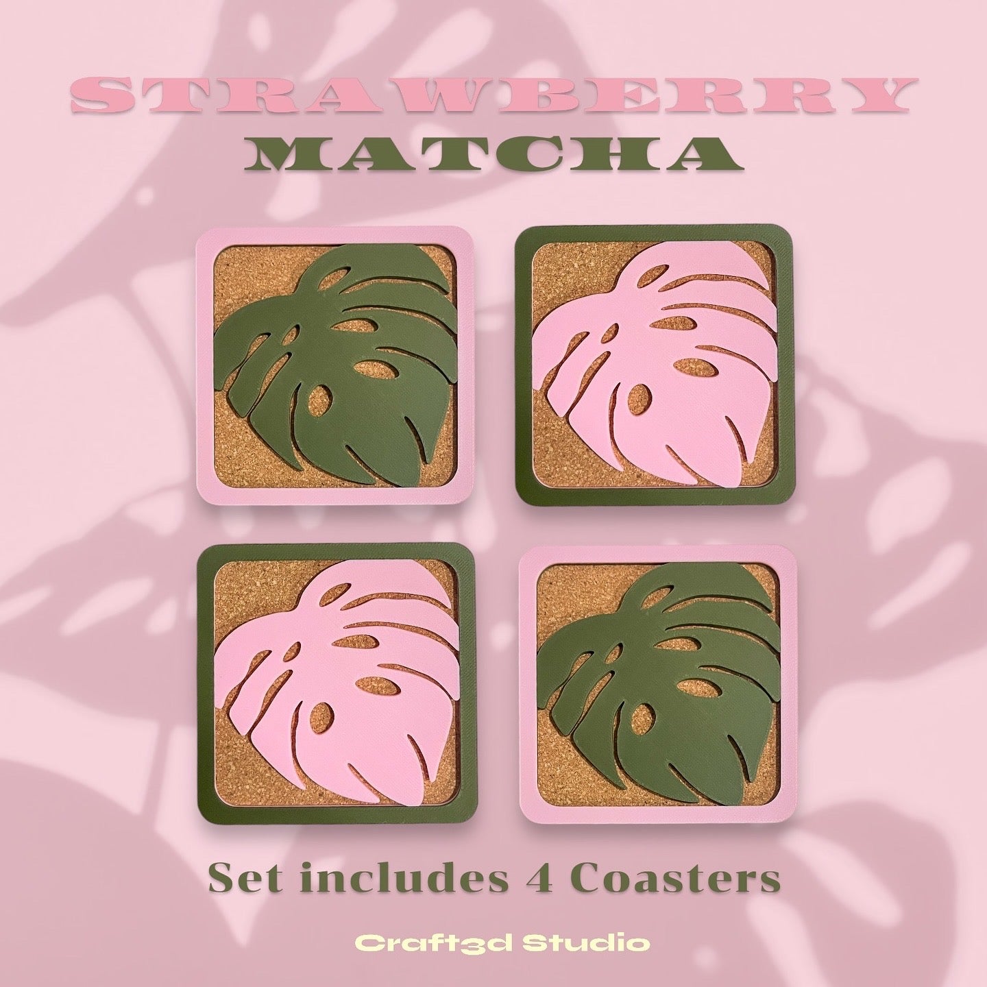 Monstera Coasters - Green & Pink