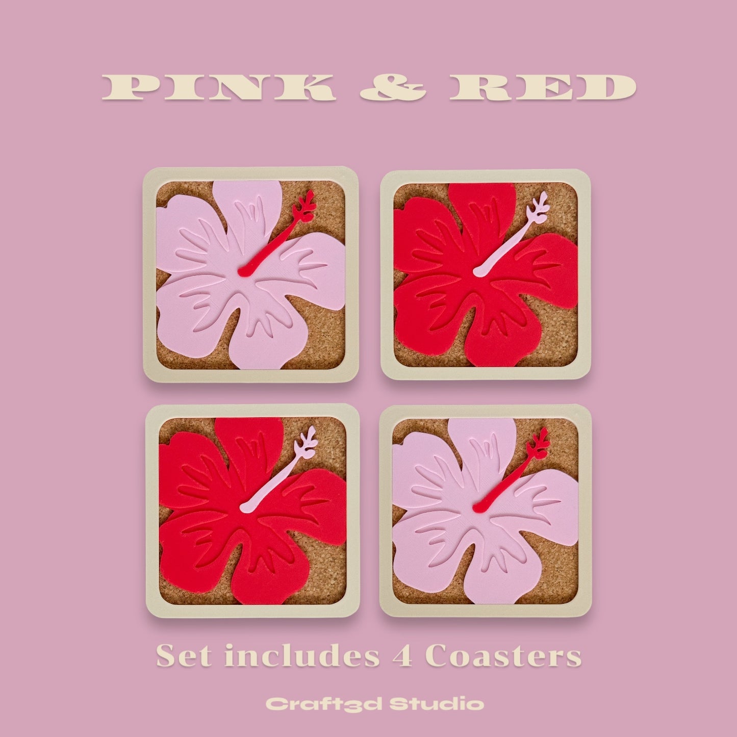 Hibiscus Coasters - Pink & Red