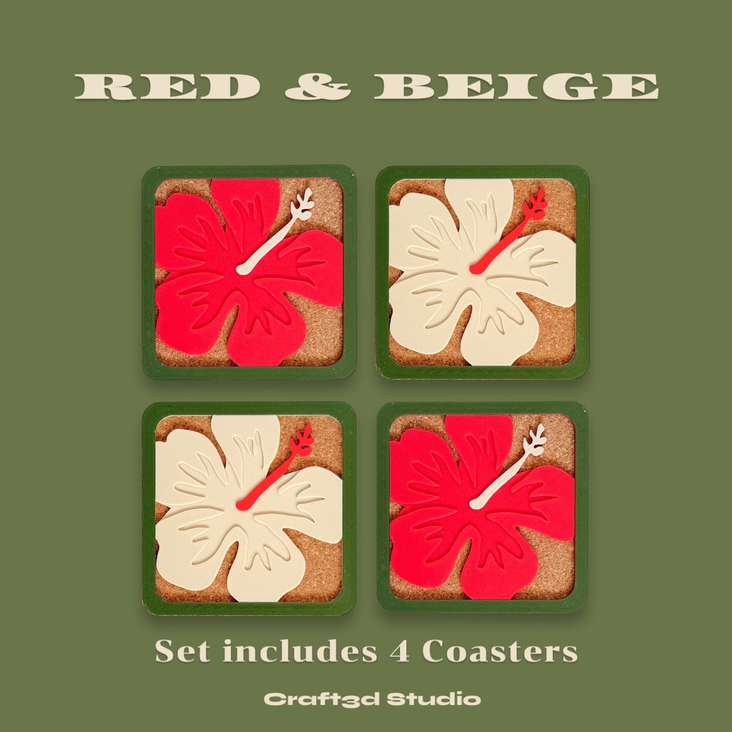 Hibiscus Coasters - Red & Beige