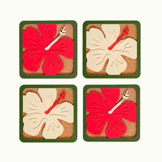 Hibiscus Coasters - Red & Beige