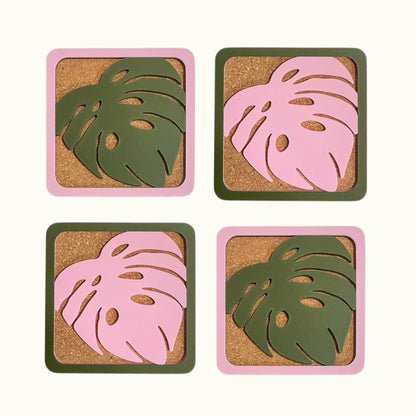 Monstera Coasters - Green & Pink