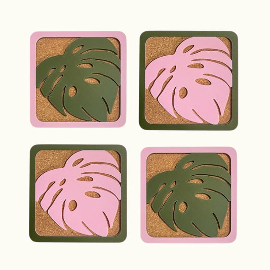 Monstera Coasters - Green & Pink